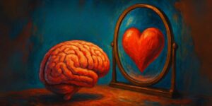 Un cervello si specchia e nel riflesso vede un cuore: metafora per intelligenza emotiva