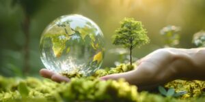Mano che regge un globo trasparente immersa nel verde