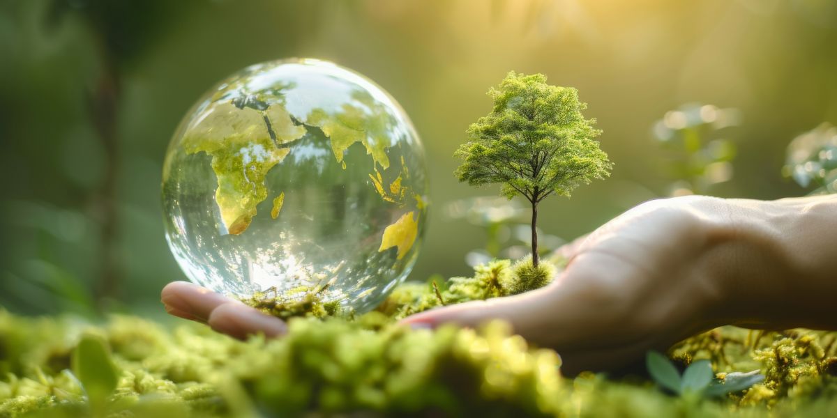 Mano che regge un globo trasparente immersa nel verde